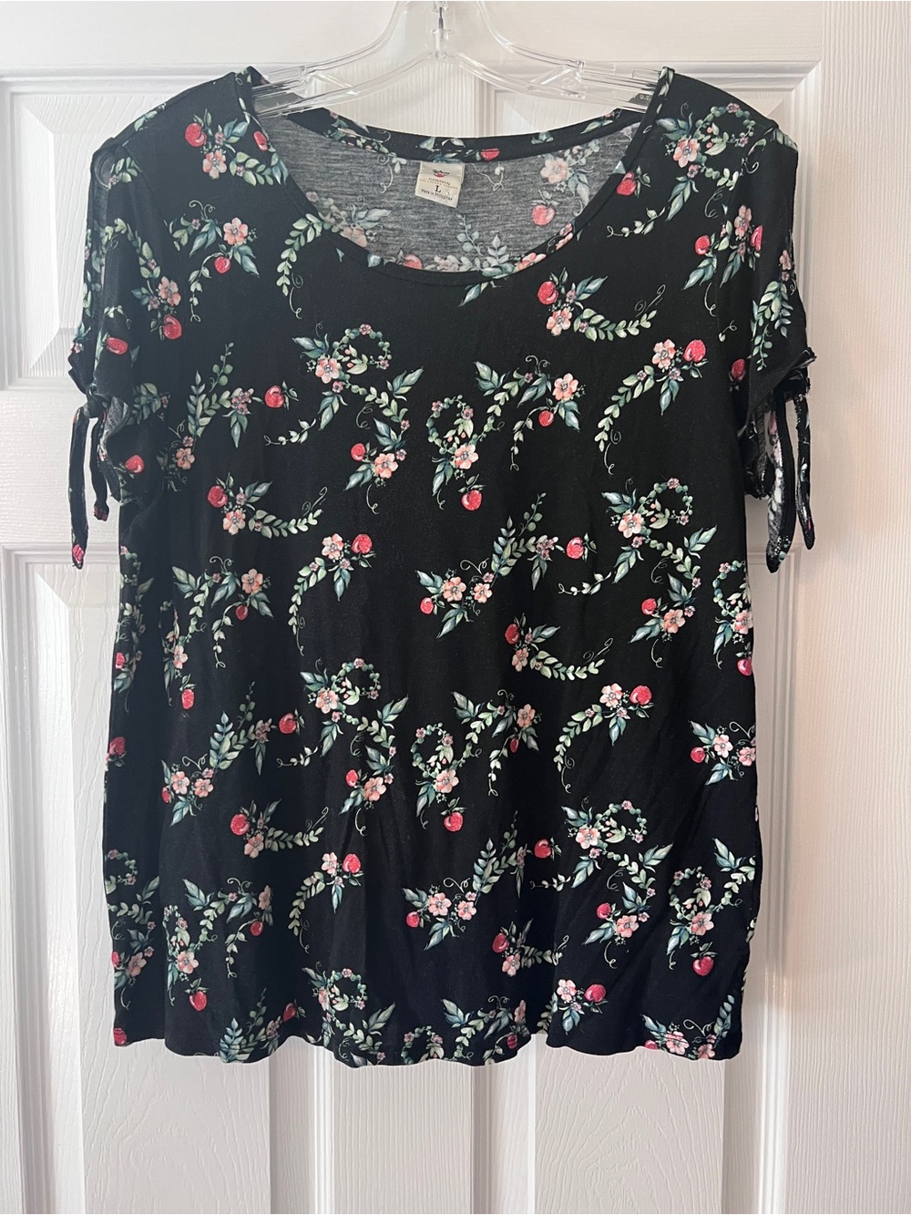 Disney Poison Apple Black Floral Short Sleeve Top with Tie Sleeves 🍎